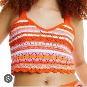 Devided Orange Striped Knit Crop Tank